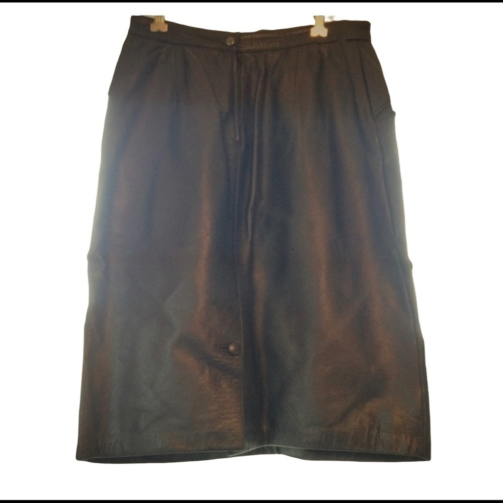 Genuine Leather Black Knee Length Pencil Skirt Size 14